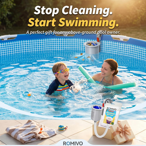 ROMIVO skimmer en uso aspirando hojas en superficie para agua más limpia
