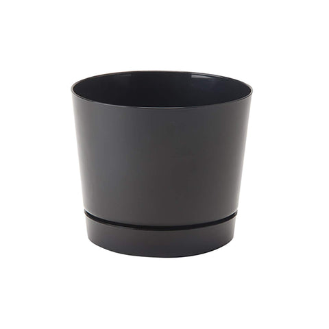 Root & Vessel maceta frontal brillo negro mostrando diseño moderno y protección