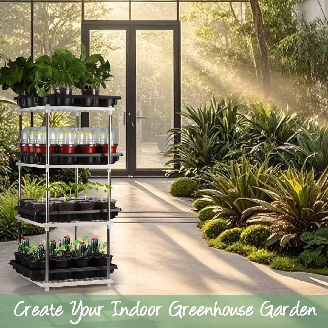 RooTrimmer mesa de germinación urbana con bandejas, optimiza espacios pequeños