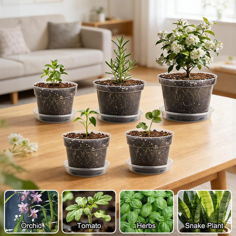 RooTrimmer pack de 15 macetas y platos mostrando variedad de tamaños y orden
