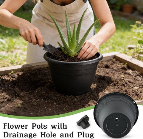 RooTrimmer maceta junto a cinta métrica mostrando las 10 pulgadas