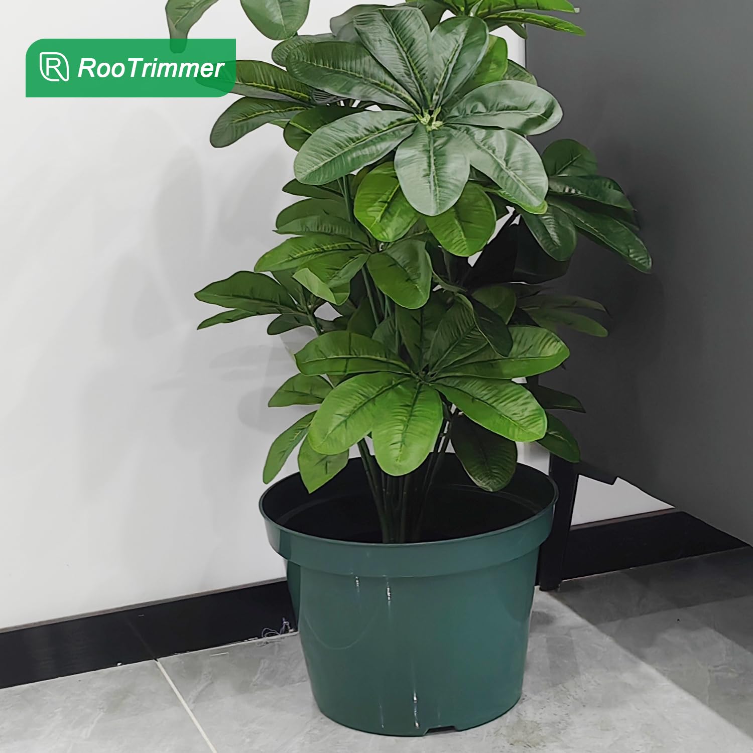 RooTrimmer etiqueta con medidas y capacidad clara para elegir tamaño