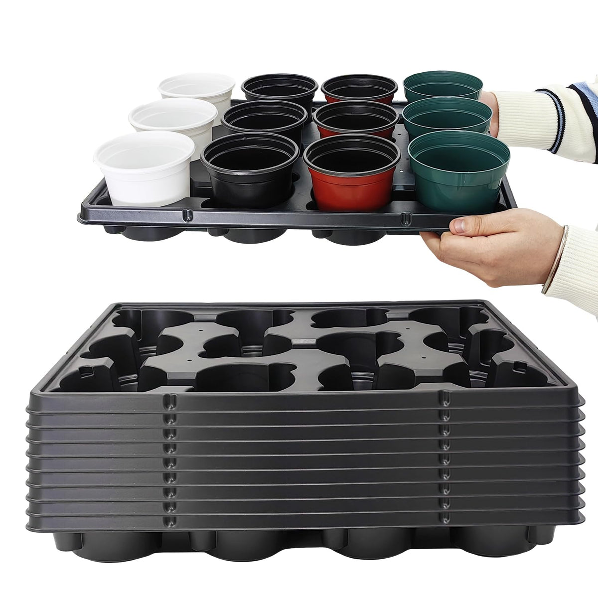 RooTrimmer vista frontal de bandeja 12 celdas, seguridad al transportar macetas