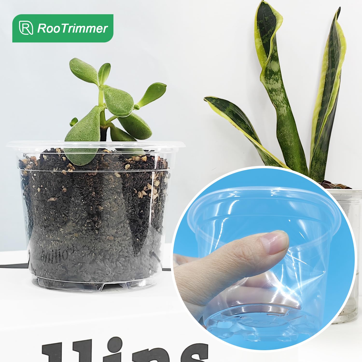 RooTrimmer maceta en mano para comparar tamaño y manejo cómodo