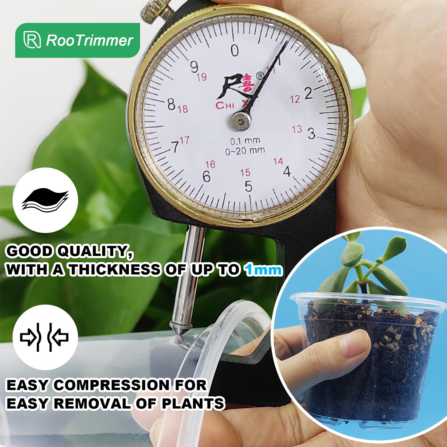 RooTrimmer maceta en uso con semillas germinando y control visual