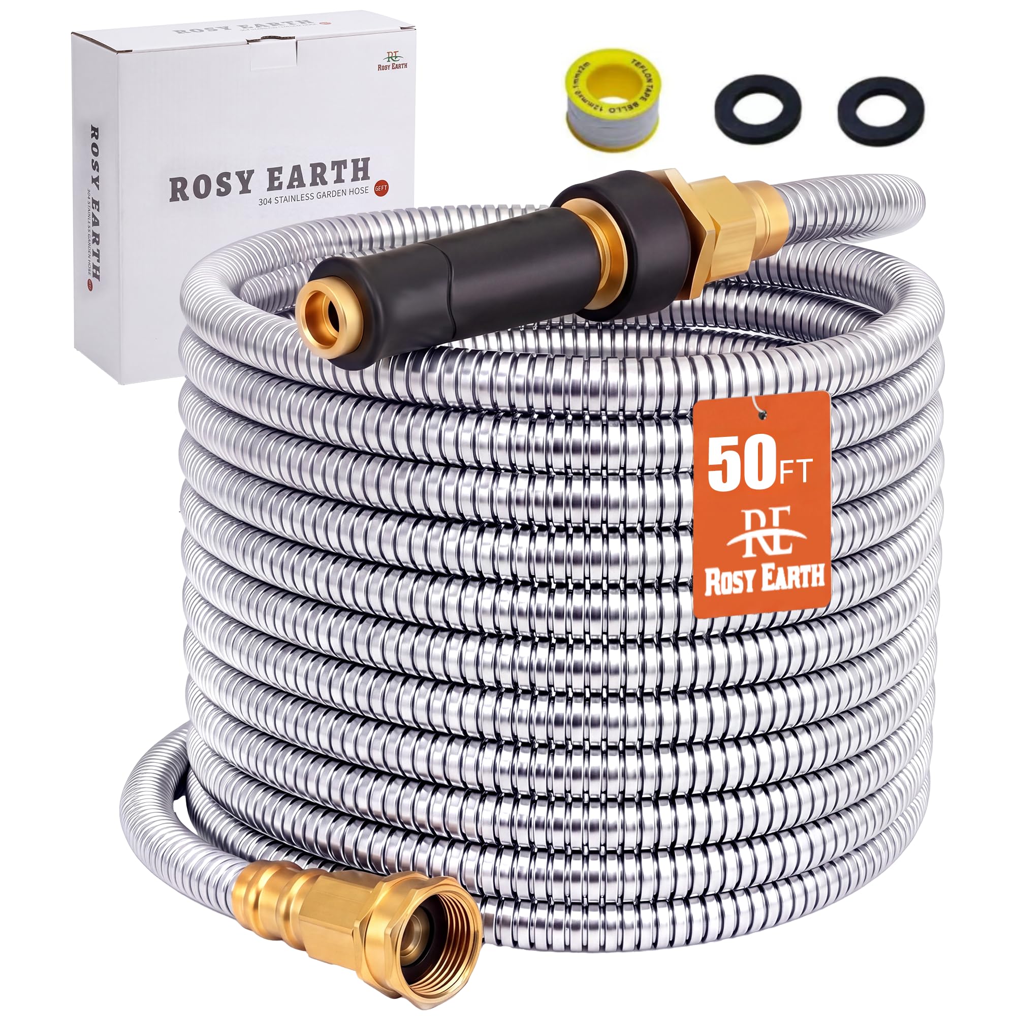 Rosy Earth manguera frontal mostrando longitud 50 FT y diseño metálico resistente