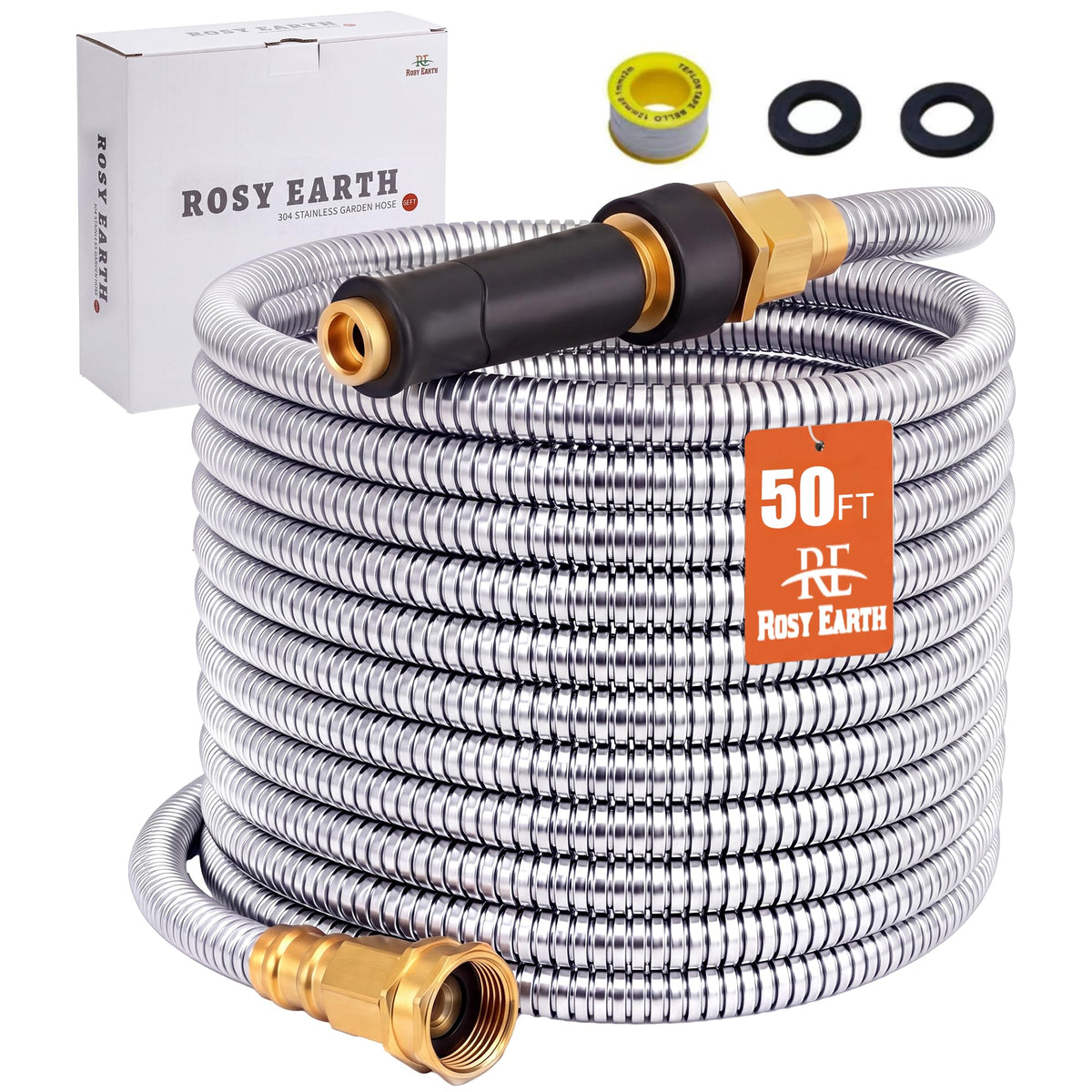 Rosy Earth manguera frontal mostrando longitud 50 FT y diseño metálico resistente