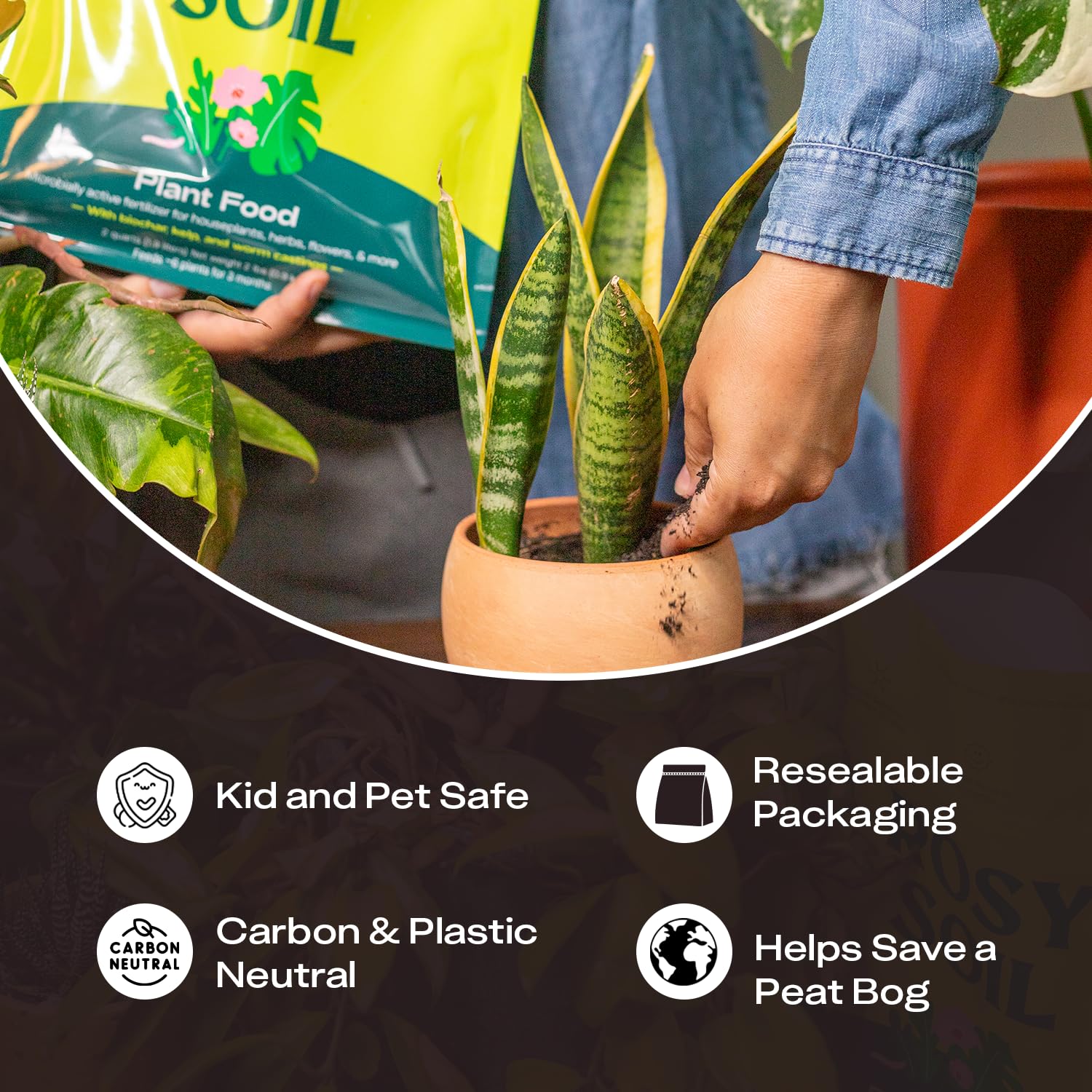 Cierre resellable de la bolsa Rosy Soil que mantiene la actividad microbiana y frescura