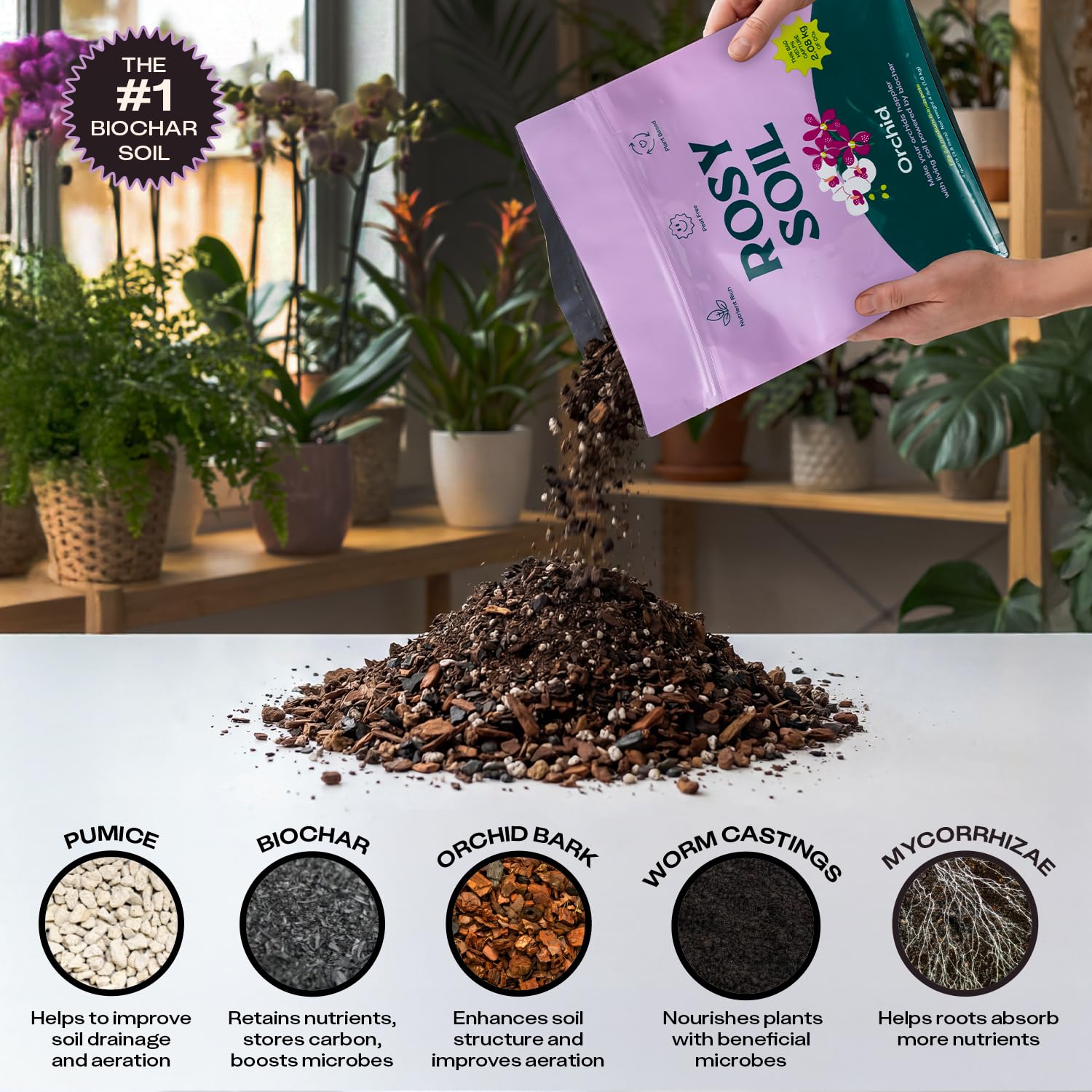 Rosy Soil etiqueta con ingredientes naturales y beneficios