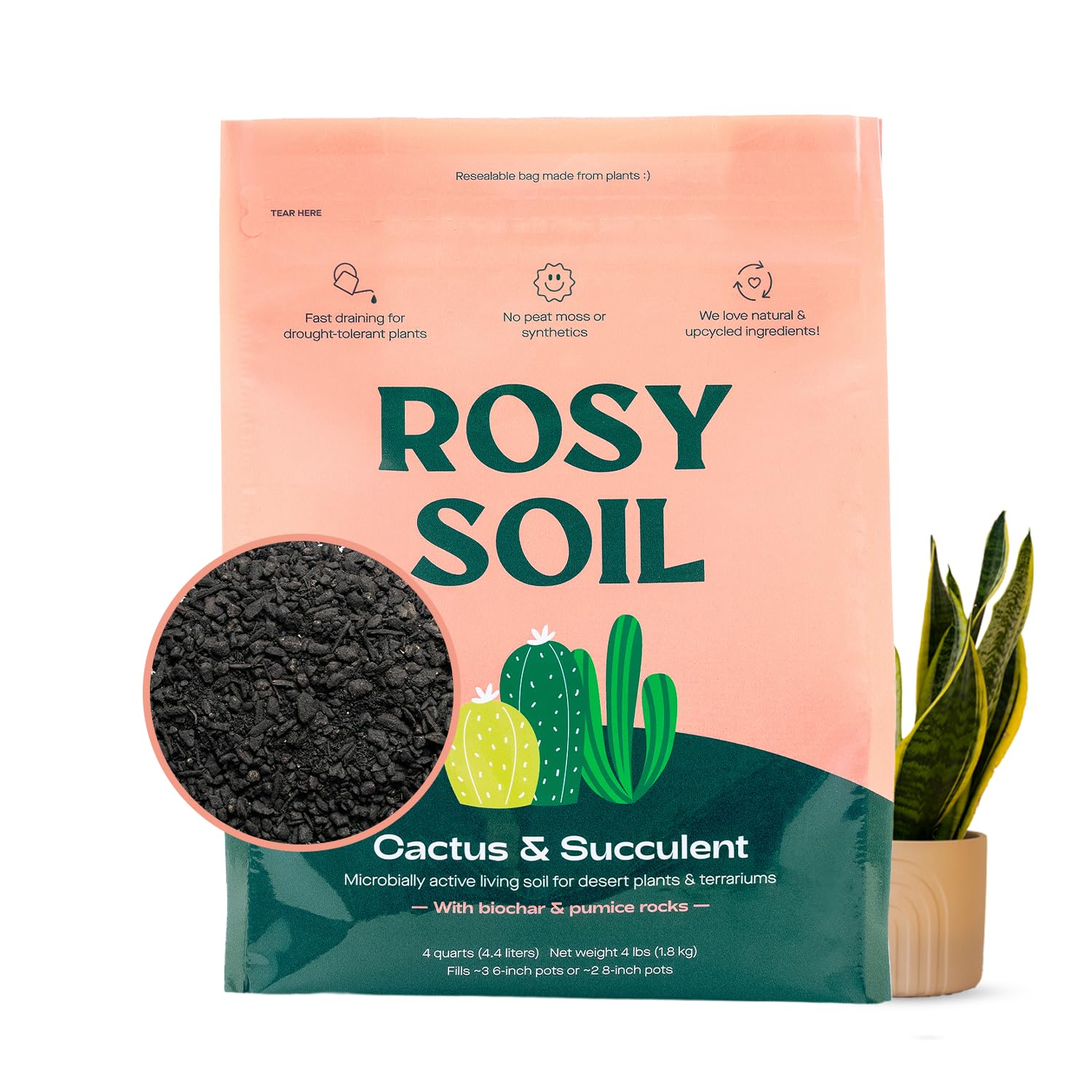 Rosy Soil frente de la bolsa mostrando marca y ventajas de drenaje