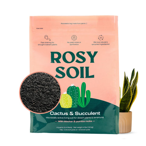 Rosy Soil frente de la bolsa mostrando marca y ventajas de drenaje