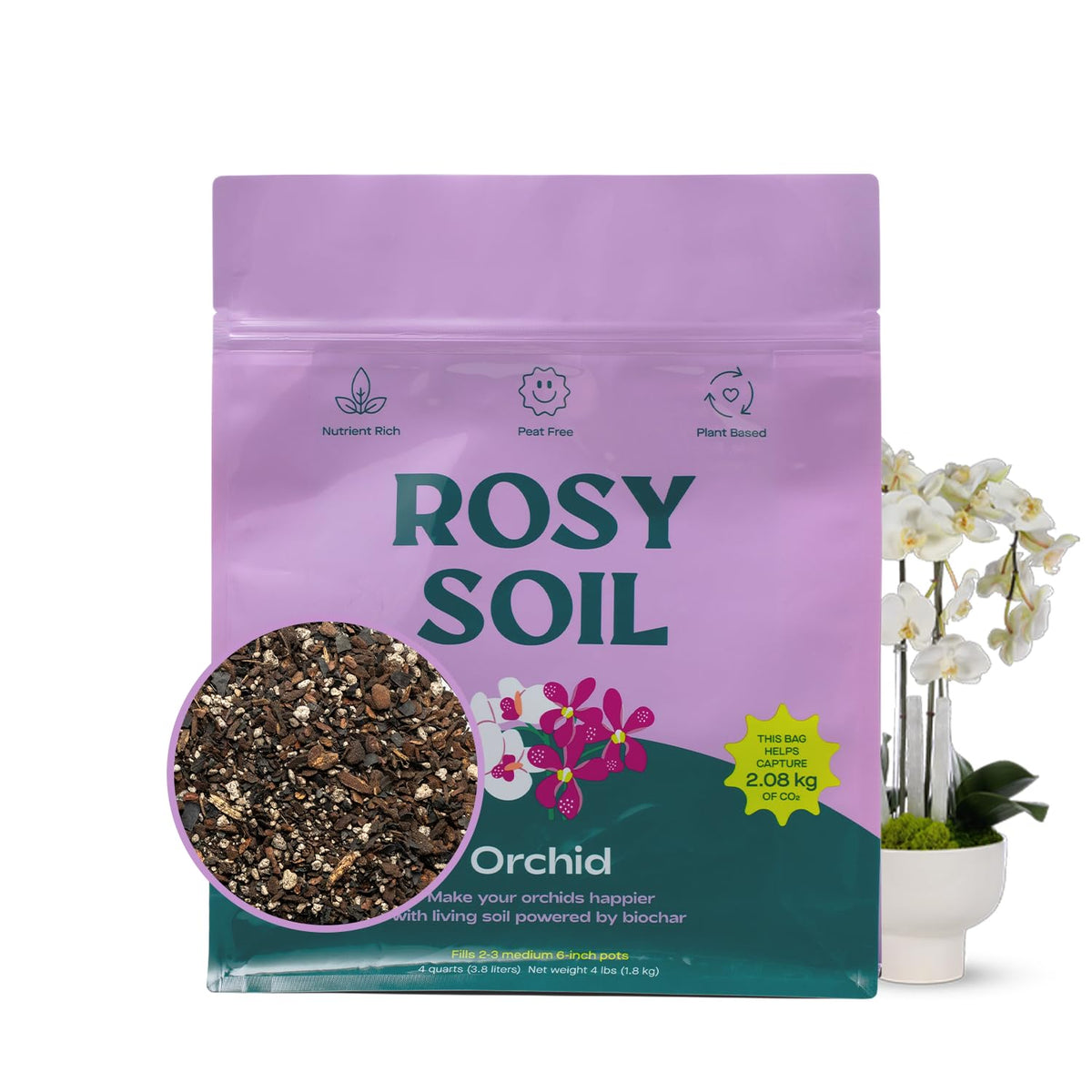 Rosy Soil frente del empaque mostrando calidad y volumen