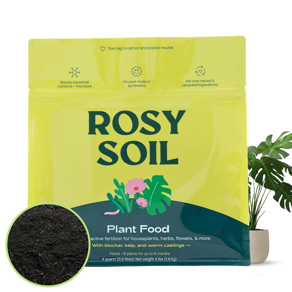 Rosy Soil empaque frontal mostrando etiqueta y volumen 4 quarts, práctico para almacenamiento