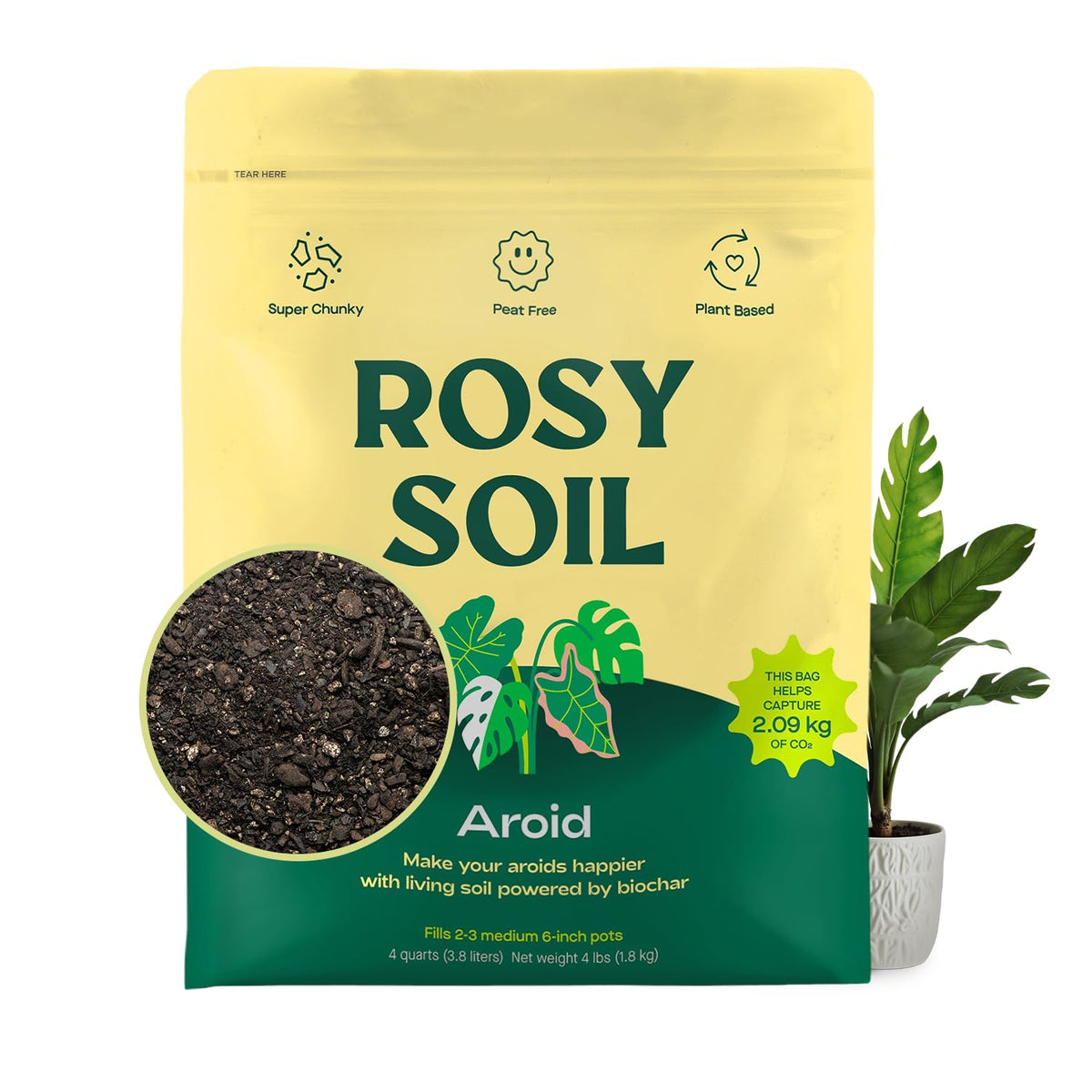 Rosy Soil paquete frontal mostrando marca y beneficio de drenaje rápido