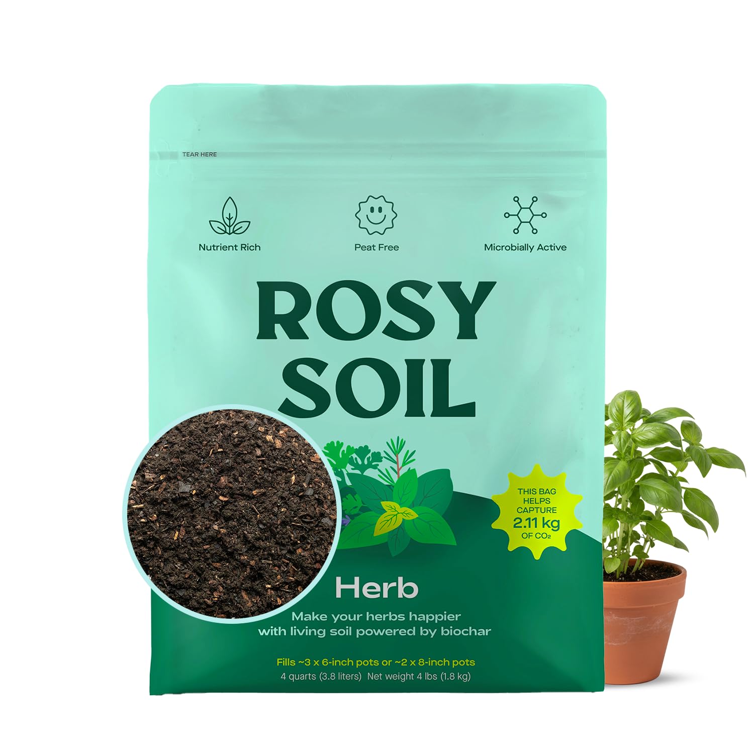 Rosy Soil frente del paquete mostrando etiqueta y volumen, calidad orgánica