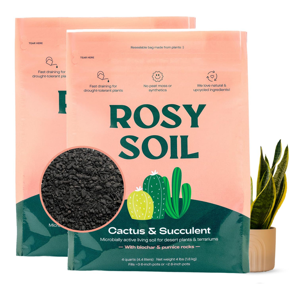Rosy Soil frente del paquete mostrando marca y beneficio de drenaje rápido