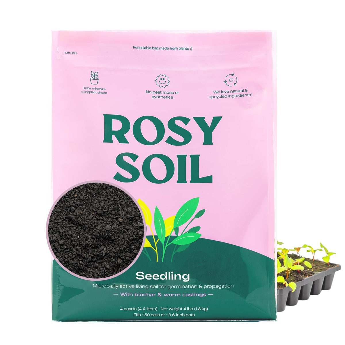 Rosy Soil frente del empaque mostrando bolsa resellable y beneficio conservación