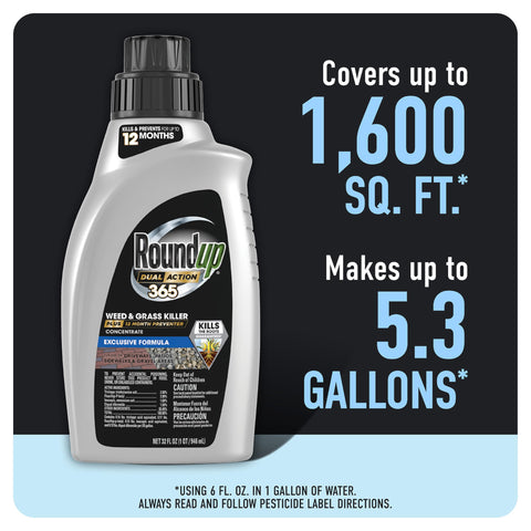 Envase de 32 fl oz de Roundup Dual Action 365 visible y listo para mezclar