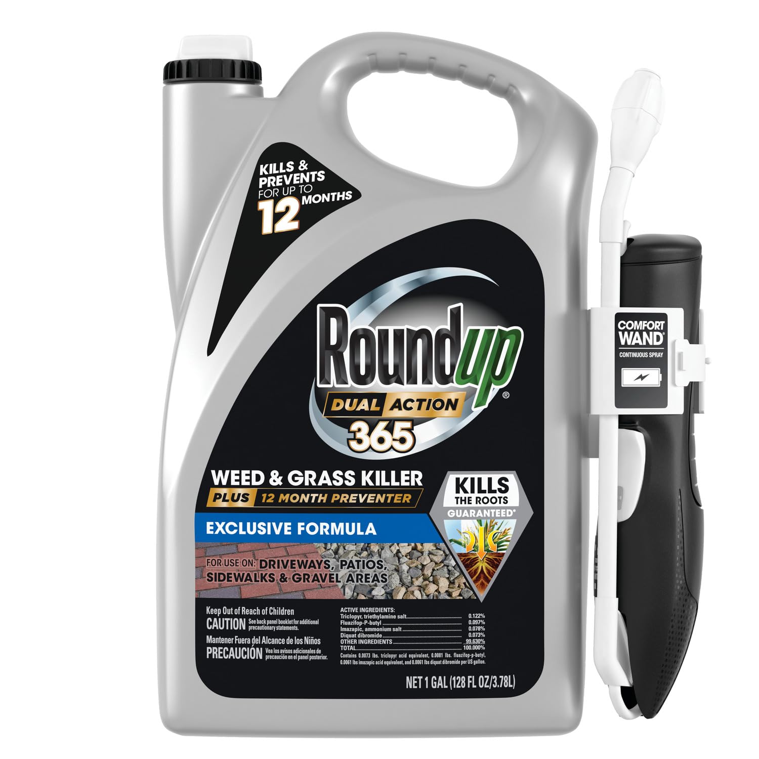 Roundup frasco frente mostrando etiqueta y cobertura clara