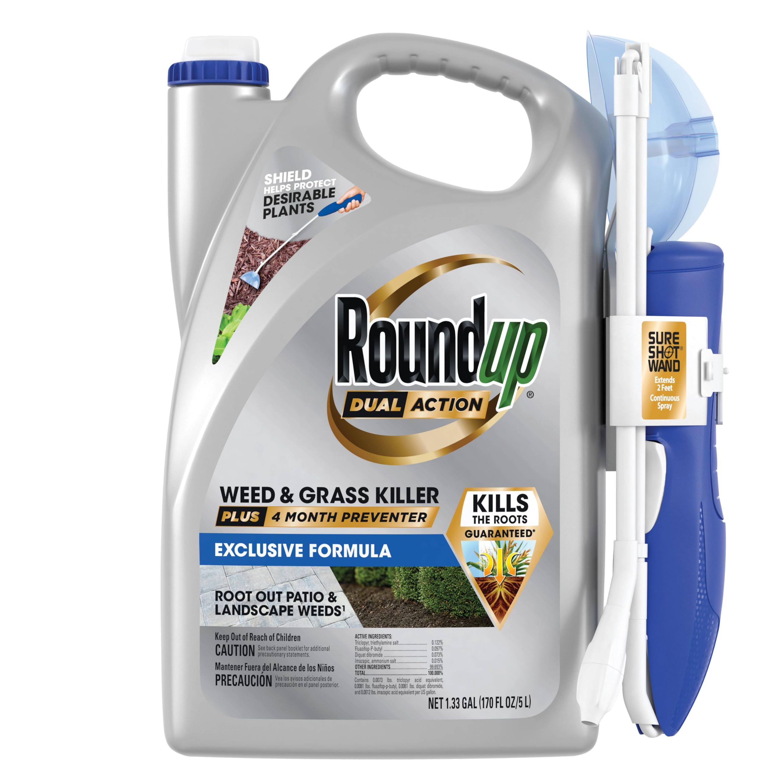 Roundup envase frontal claro mostrando etiqueta y capacidad 1.33 gal