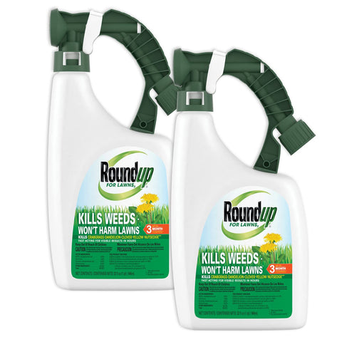 Roundup frente del producto mostrando envases y marca para control rápido de malezas