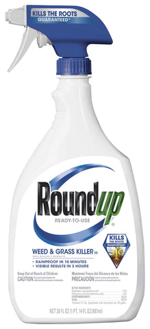 Roundup botella frontal 30 oz mostrando etiqueta y gatillo para aplicación segura