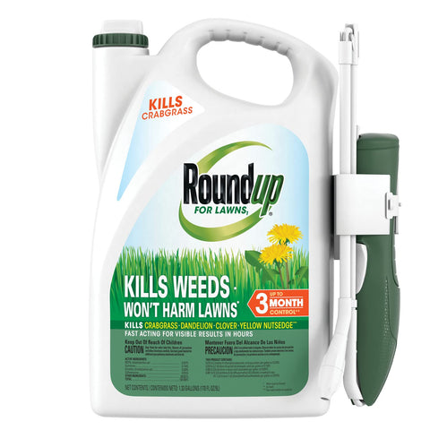 Roundup botella frontal mostrando formato 1.33 gal y aplicación fácil