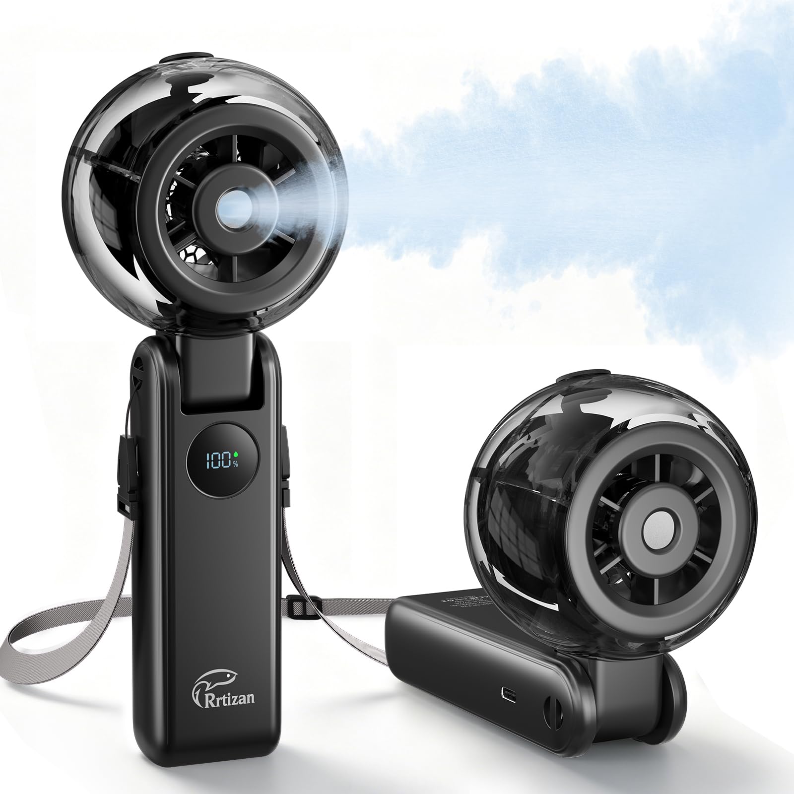 Rrtizan vista frontal del ventilador portátil mostrando diseño negro y compacto, refresco inmediato
