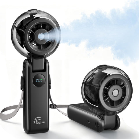 Rrtizan vista frontal del ventilador portátil mostrando diseño negro y compacto, refresco inmediato
