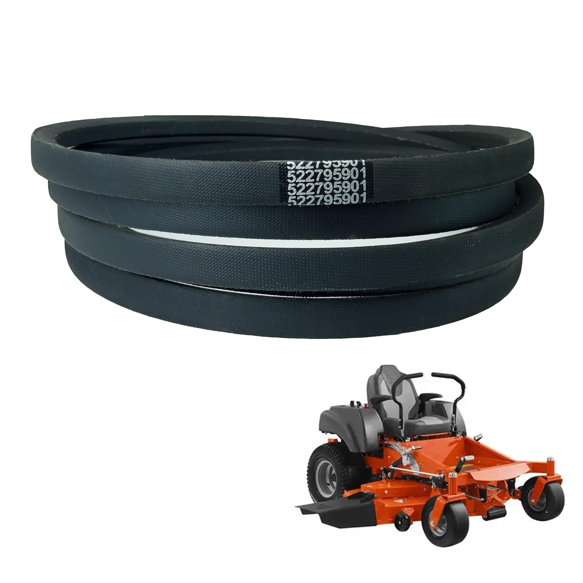 RTPOWER correa de deck frontal mostrando longitud y ancho, reemplazo fiable