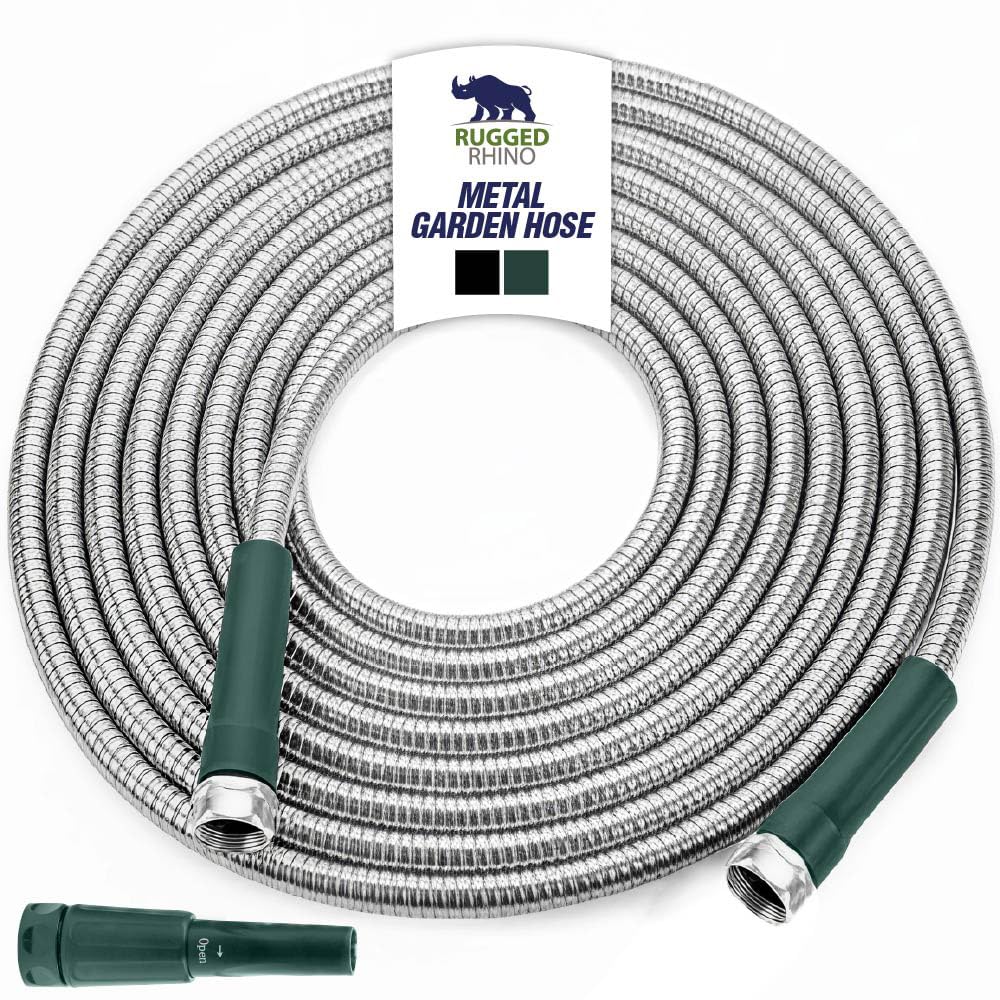 RUGGED RHINO frontal del empaque mostrando la manguera resistente y beneficios de durabilidad