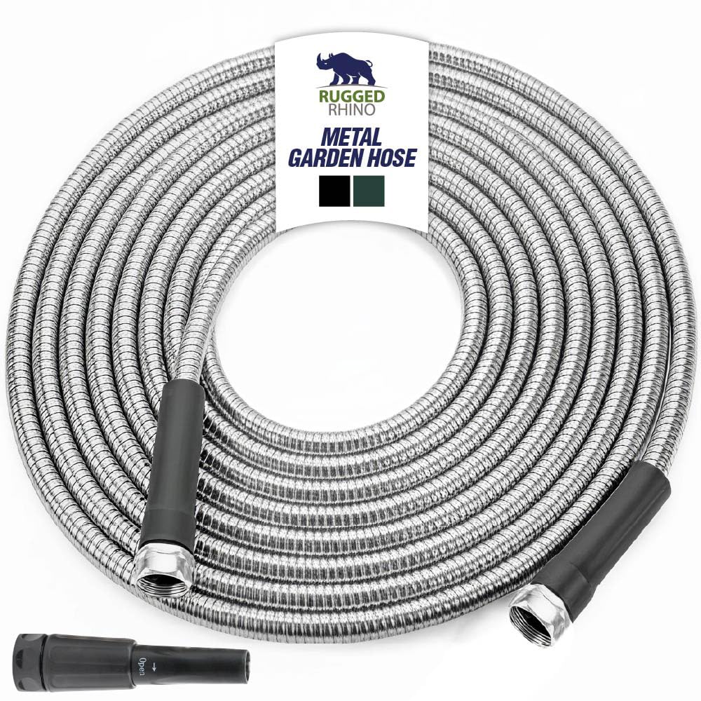 RUGGED RHINO frontal del paquete mostrando manguera metálica resistente y beneficio de durabilidad