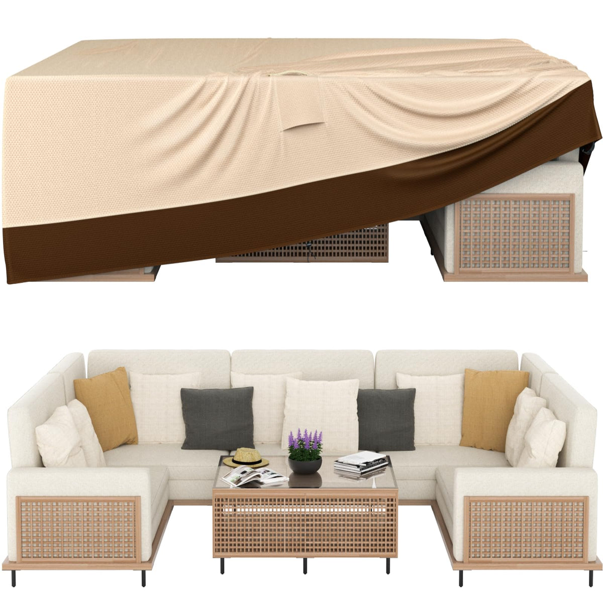Ruimoy vista frontal de la funda protegiendo mesa y sillas con aspecto resistente