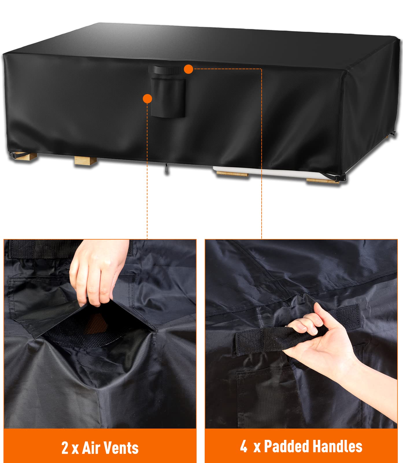 Ruimoy funda cubriendo mesa y sillas demostrando ajuste universal