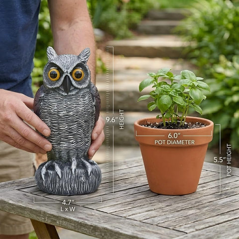 Ruolan búho colocado en maceta protegiendo plantas y adornando