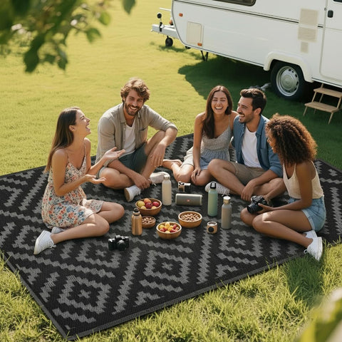 RURALITY alfombra 8x10 ft junto a mesa, demuestra escala y cobertura para espacios