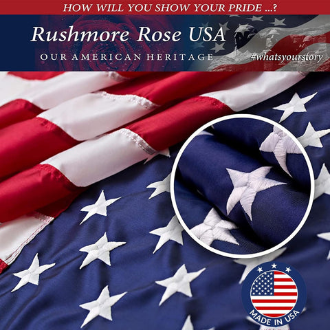 Rushmore Rose USA detalle de ojales de latón y canto cuádruple para resistencia al viento