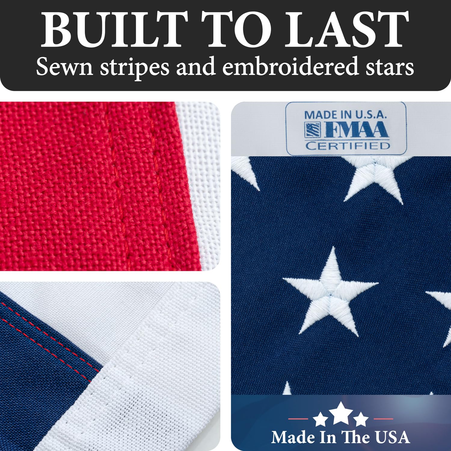 Rushmore Rose USA close-up de estrellas bordadas con acabado resistente