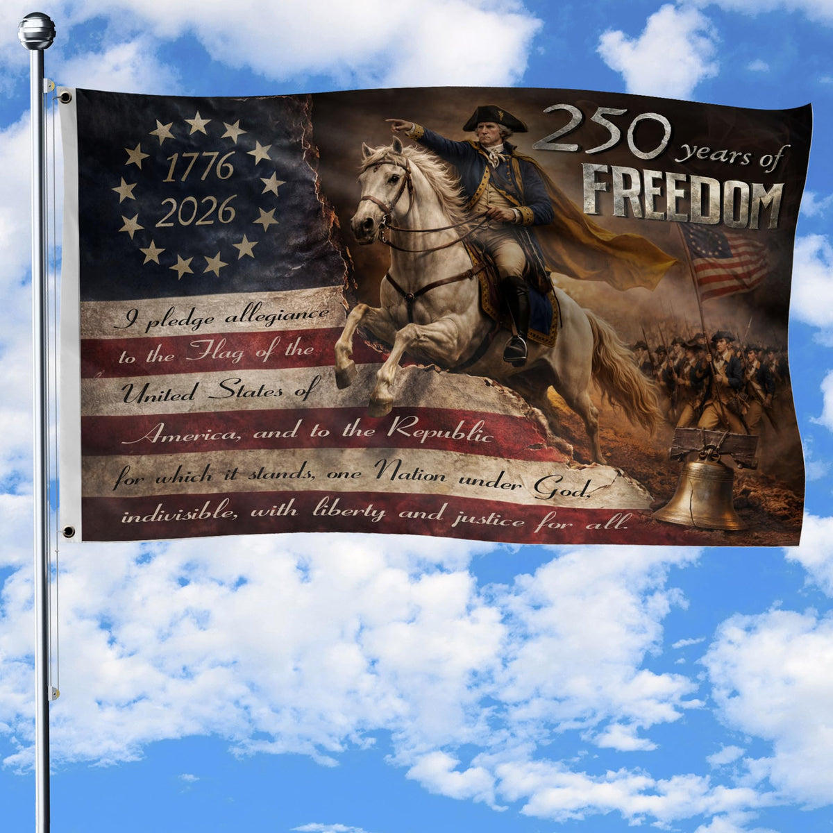 RustField Co. vista frontal de la bandera conmemorativa, muestra diseño nítido