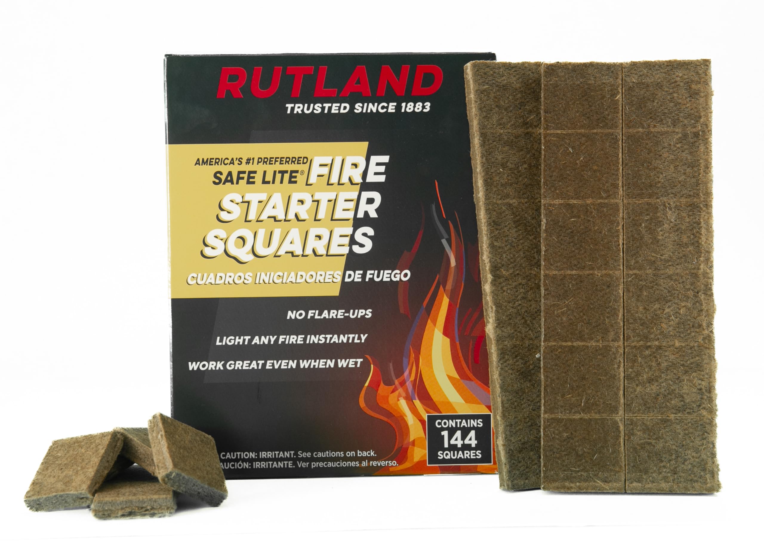 Rutland empaque frontal mostrando 144 cubos y beneficios para encendido rápido