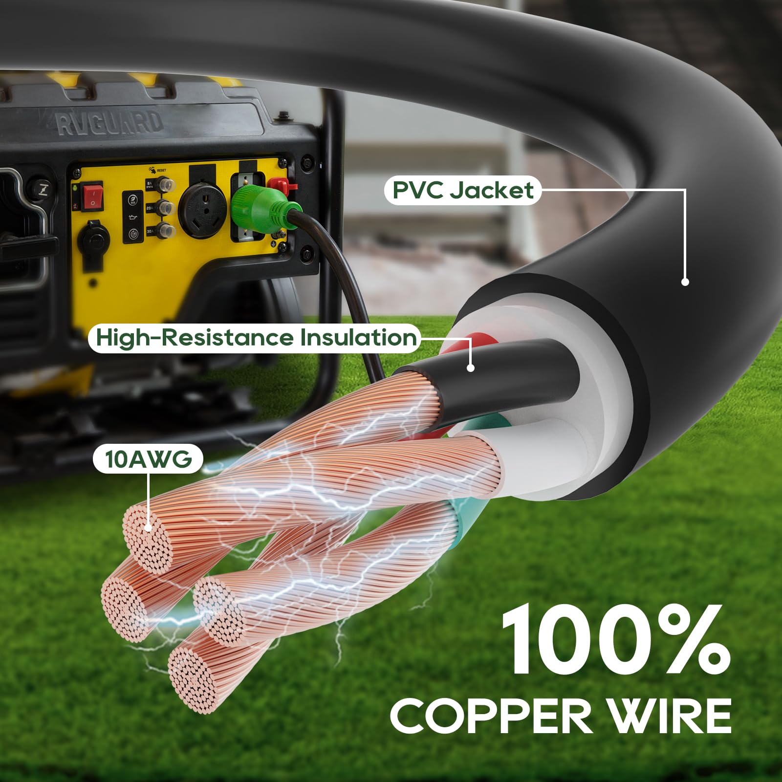 RVGUARD cable conectado a generador en camping para energía remota