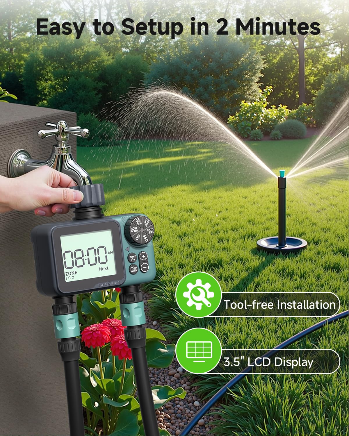 Rvwsx montado en jardín junto a plantas y césped, optimiza consumo de agua