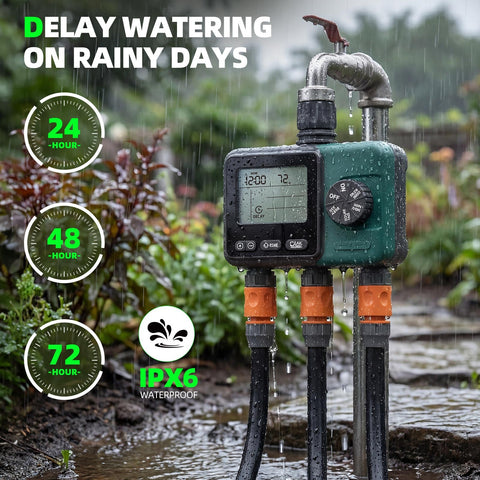 Rvwsx unidad instalada en jardín regando macizos con control por zonas
