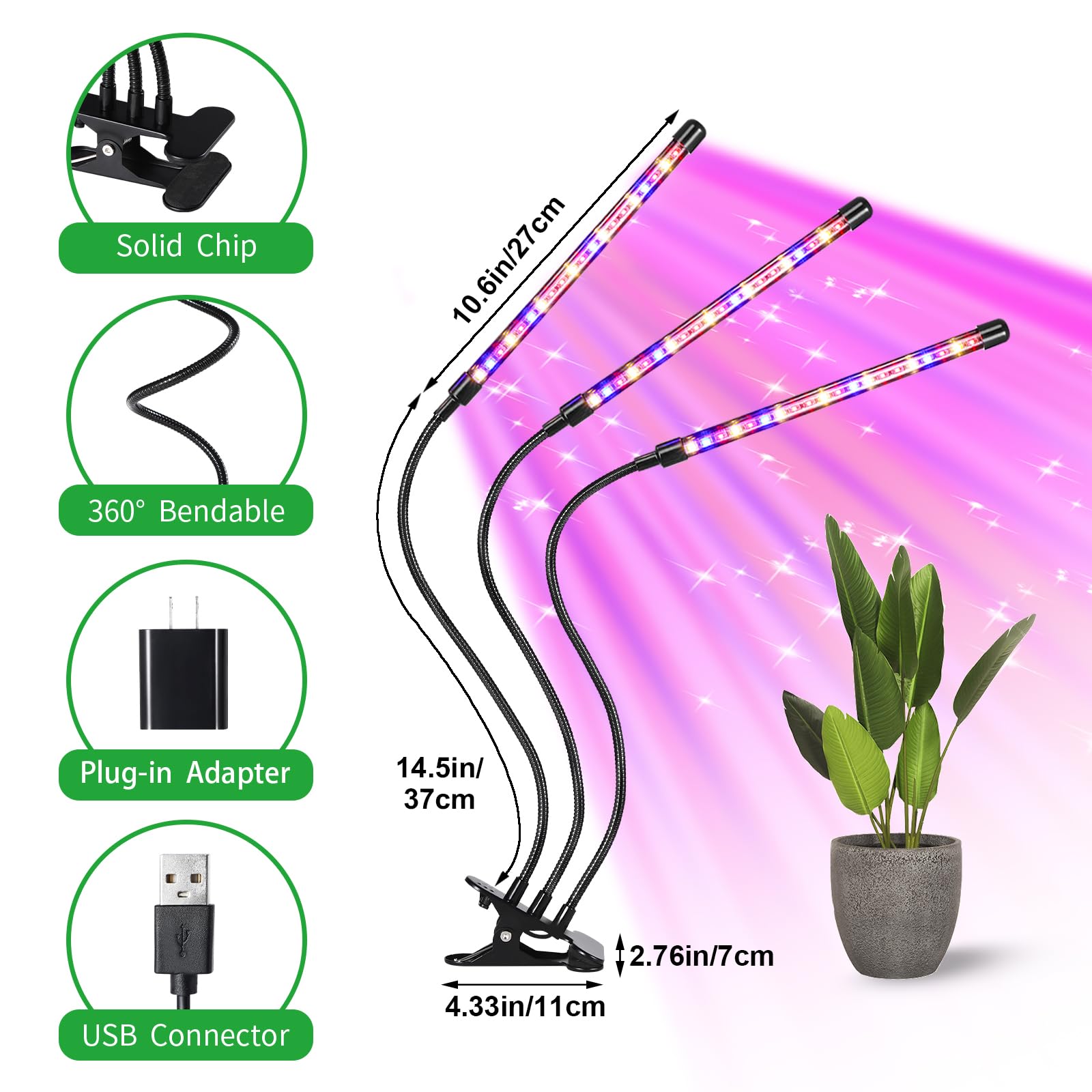 RWNTAO tres cabezas iluminando varias macetas para mejor cobertura