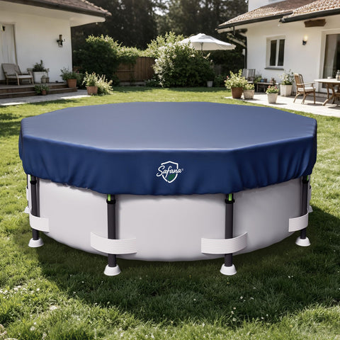 Safana vista frontal de la cubierta 12FT protegiendo piscina, aspecto resistente