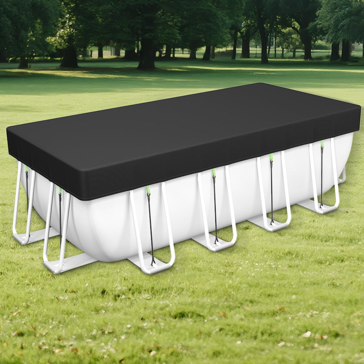 Safana vista frontal de la funda 8x16 ft protegiendo piscina, menor limpieza