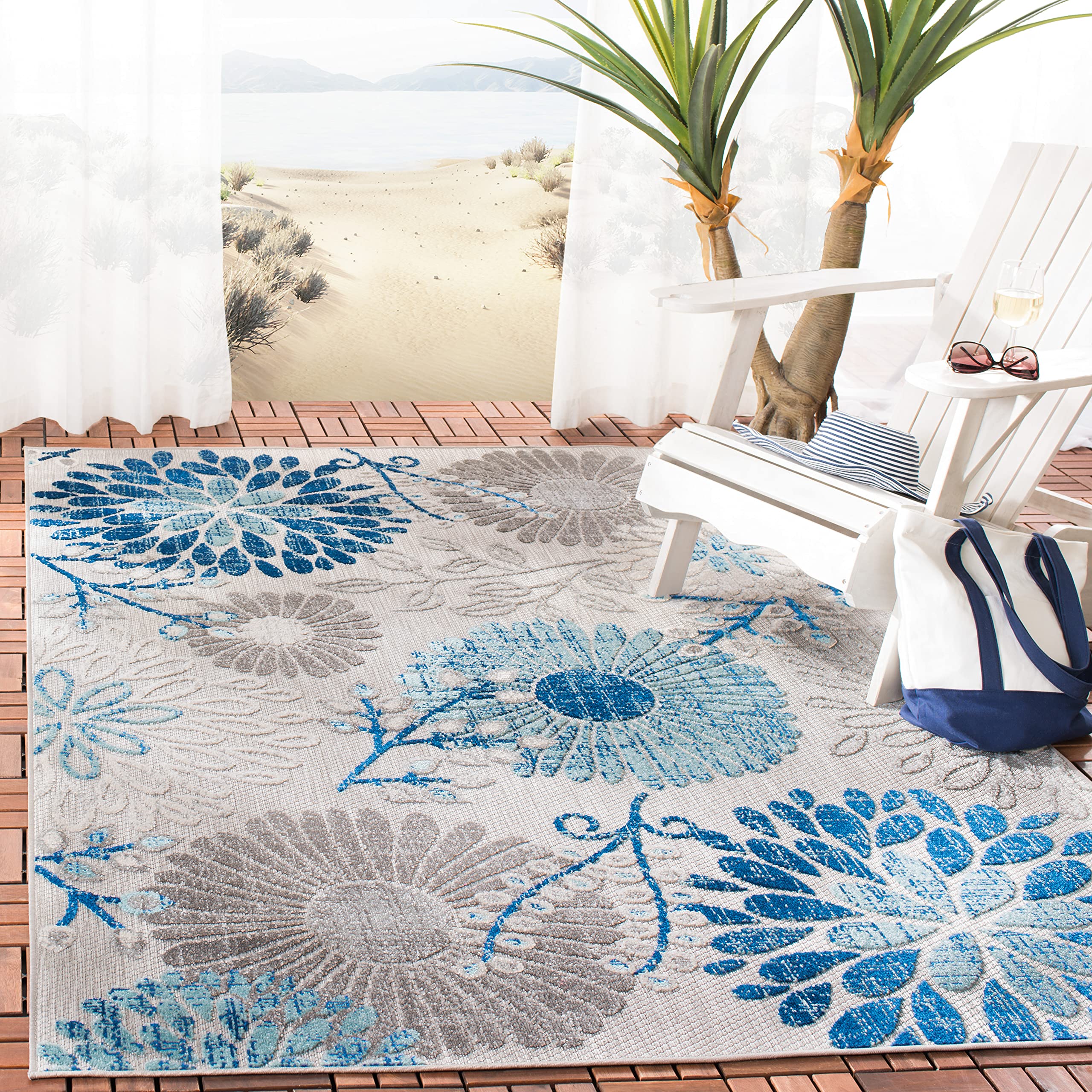 SAFAVIEH alfombra Cabana frontal mostrando patrón gris y azul, añade estilo duradero