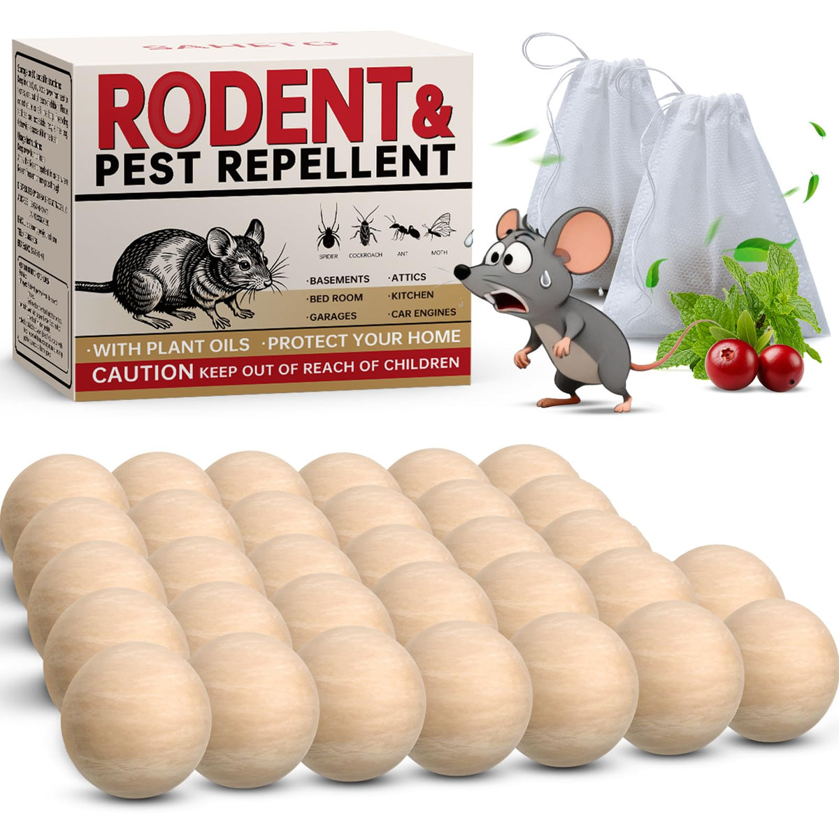 SAHETO paquete de bolas repelentes frente mostrando cantidad y diseño, protección natural