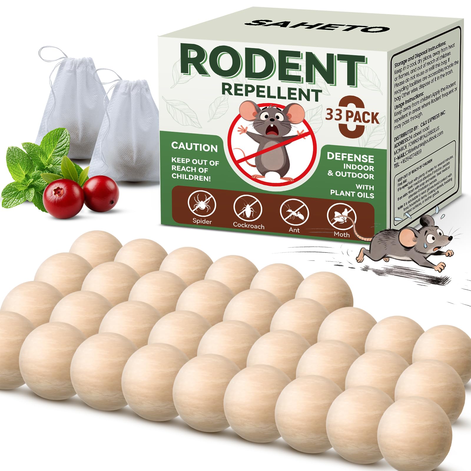 SAHETO empaque frontal de 33 bolitas mostrando marca y aroma a menta, protección natural