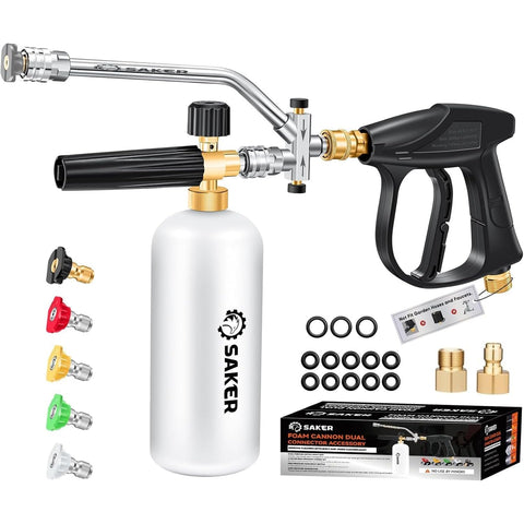 Saker frontal del kit Foam Cannon mostrando todas las piezas y su uso versátil